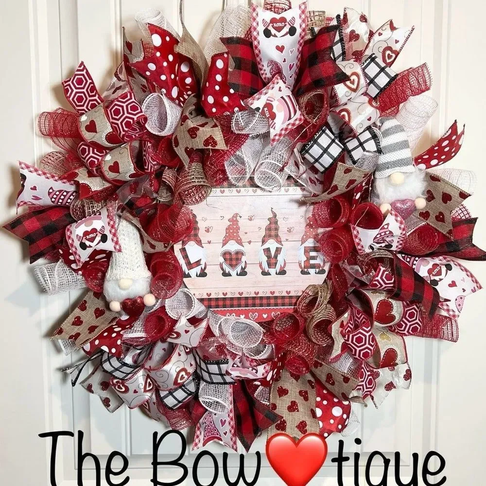 Handmade Valentine’s Gnome LOVE Ribbon Prelit Wreath 22 ins LED W11